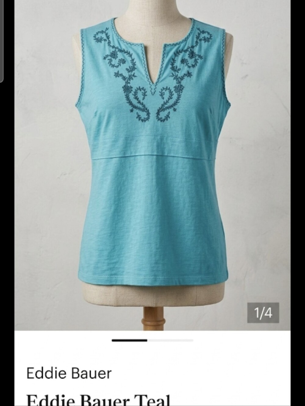 Eddie Bauer Teal Embroidered V-Neck Sleeveless Top
